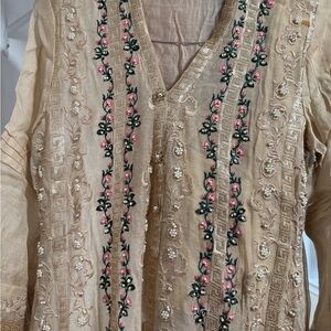 Agha noor Cotton net shirt with embroidery and pearl work